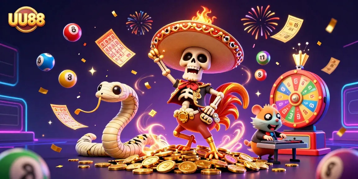 UU88 brings excitement with a mariachi rooster, mummy snake, and DJ hamster celebrating in the casino.