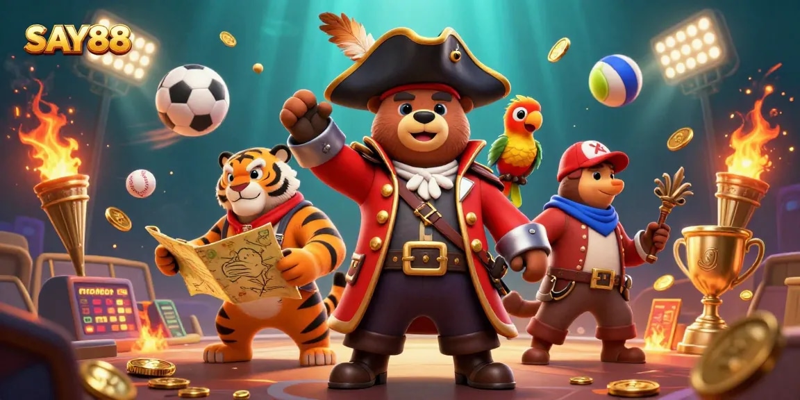 SAY88 offers thrilling betting opportunities with a dynamic scene featuring a pirate captain bear, a tiger, and exciting sports elements.