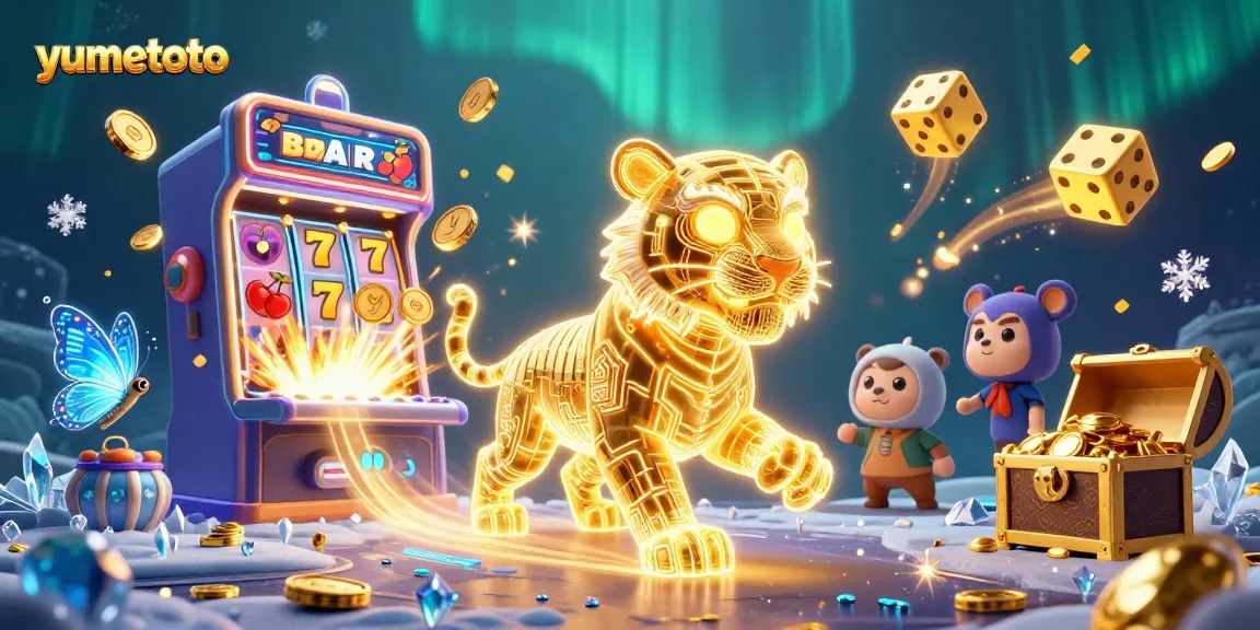 Experience the thrill of yumetoto with a vibrant digital casino scene, featuring a neon tiger and jackpot excitement.