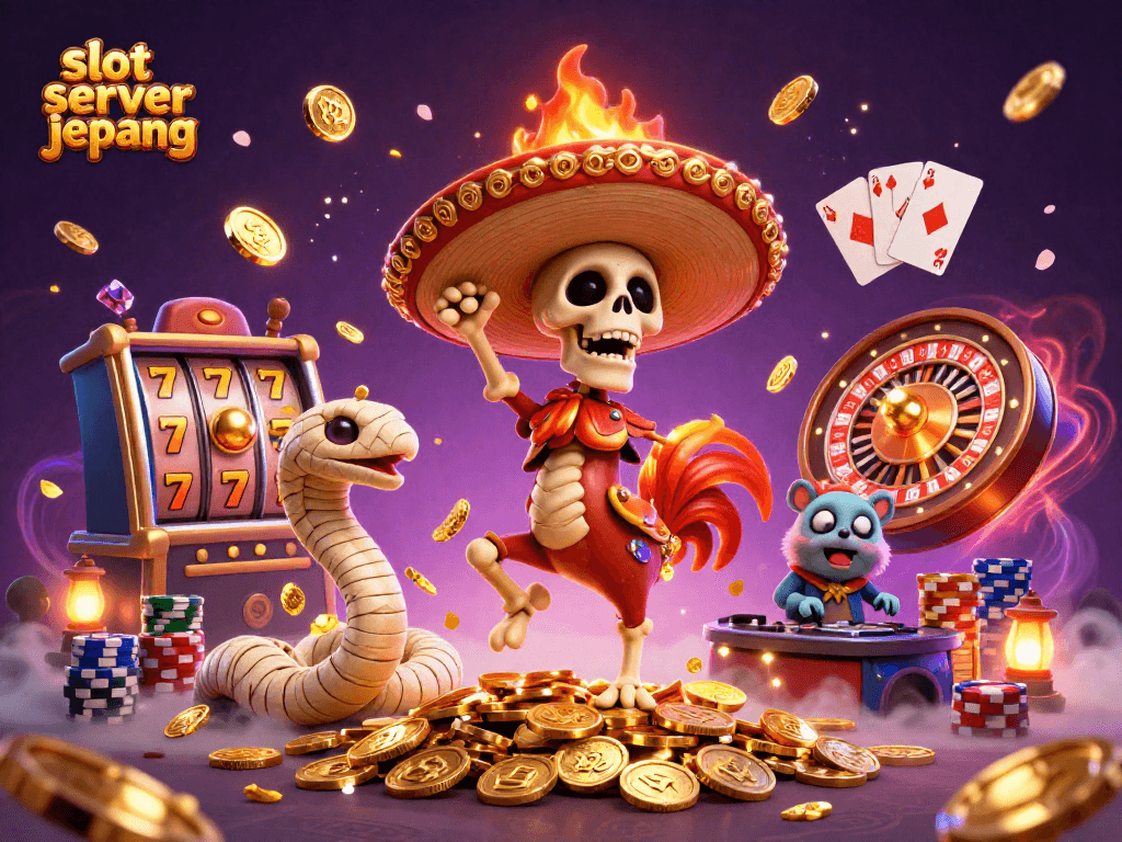 Spin in excitement with slot server jepang, as vibrant characters dance among golden coins and casino elements.