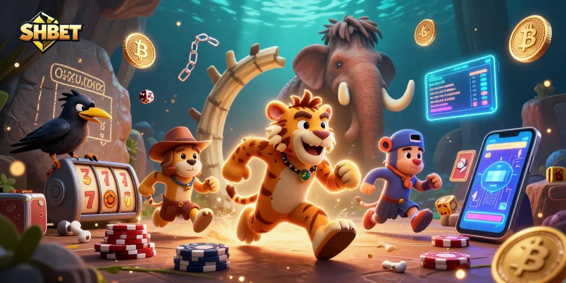Experience SHBET excitement with a vibrant prehistoric casino scene featuring unique characters.