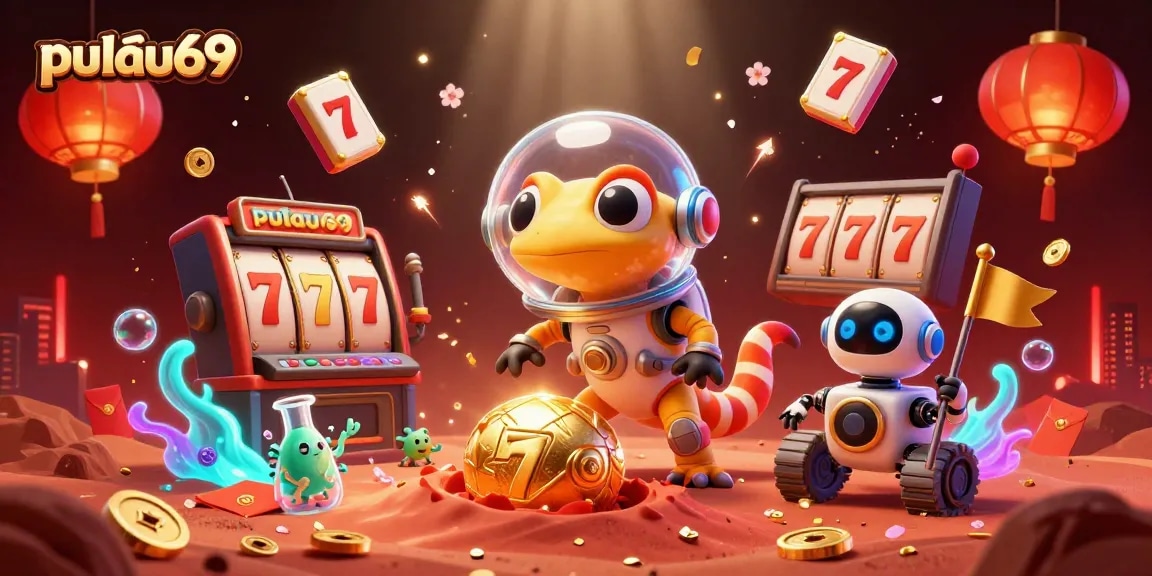 Experience pulau69's thrilling gaming adventure with vibrant casino elements and a playful Martian gecko.