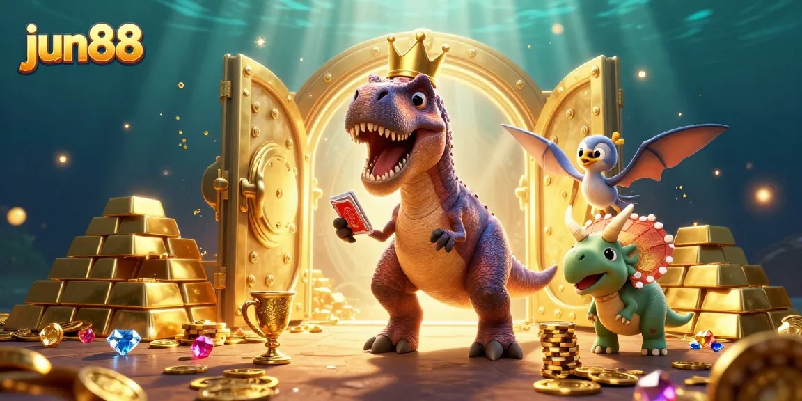 Experience thrilling action at jun88 with a charming T-Rex and friends enjoying casino fun!