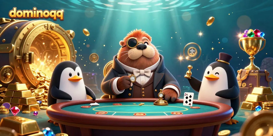 Players enjoy dominoqq at an underwater poker table surrounded by treasure and sparkling gems.