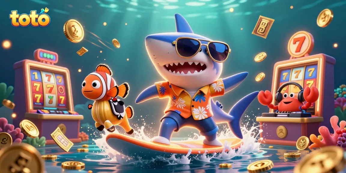 Toto players spinning slot reels with high RTP in an exciting underwater casino scene.