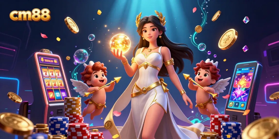 Engage with cm88's vibrant casino world featuring slot machines, golden coins, and a glamorous goddess.
