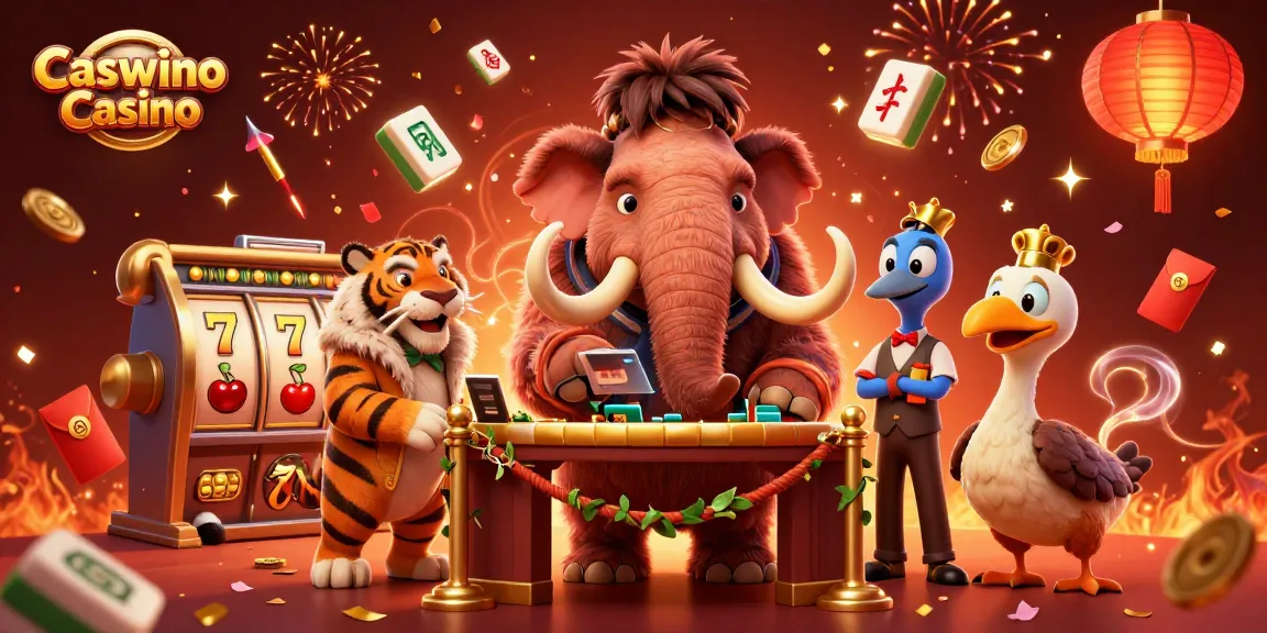 Engage with Caswino Casino's vibrant atmosphere featuring a woolly mammoth bouncer, VIP saber-tooth tiger, and dynamic slot game elements.