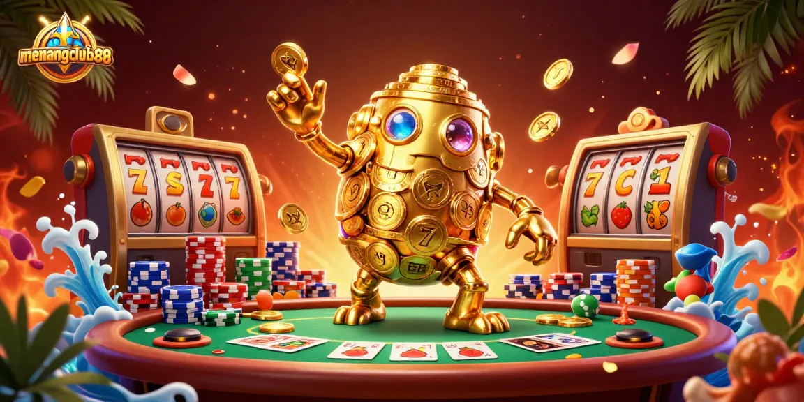 Experience winnings at menangclub88 with a vibrant 3D casino scene filled with dynamic slots and poker elements.