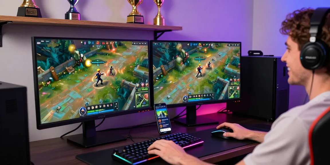 Pengalaman bermain di DIANA 4D dengan gamer bahagia duduk di meja modern dikelilingi perangkat game dan suasana ceria.