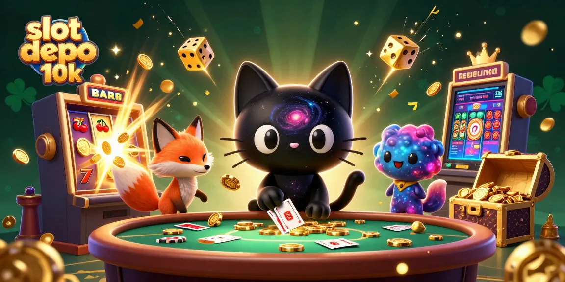 Permainan slot depo 10k menampilkan kucing lubang hitam dan rubah nebula di meja kasino mewah dengan jackpot berlimpah.