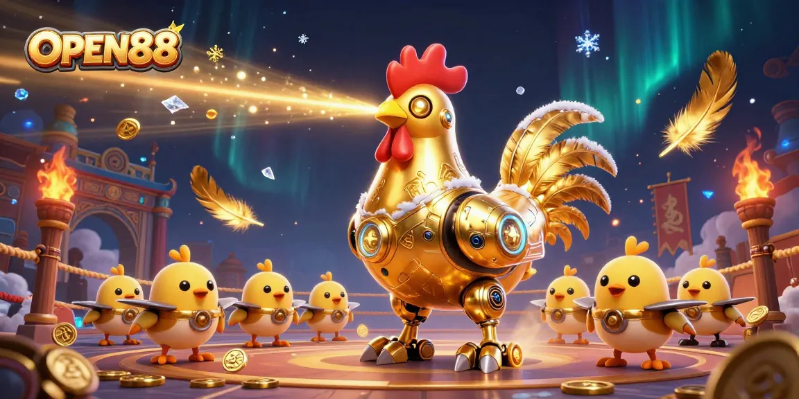 Engage with OPEN88's dynamic casino adventure featuring a golden rooster robot and baby chick drones.