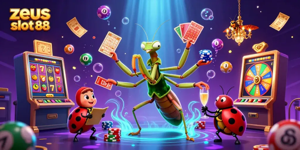 Permainan zeus slot 88 yang menarik dengan karakter kartun dan elemen kasino, menghadirkan keseruan perjudian.
