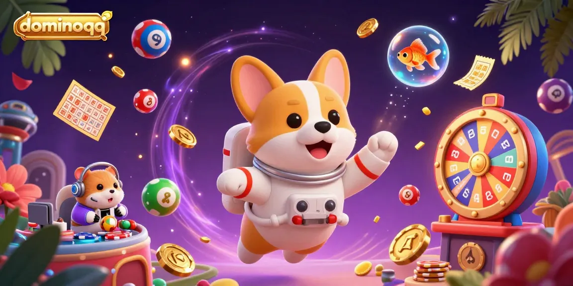 Experience breathtaking dominoqq gameplay with a whimsical 3D scene featuring a floating corgi in a space casino.