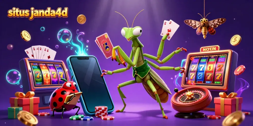 Permainan kasino situs janda4d dengan mantis dan ladybug, slot, dan koin emas terguncang.