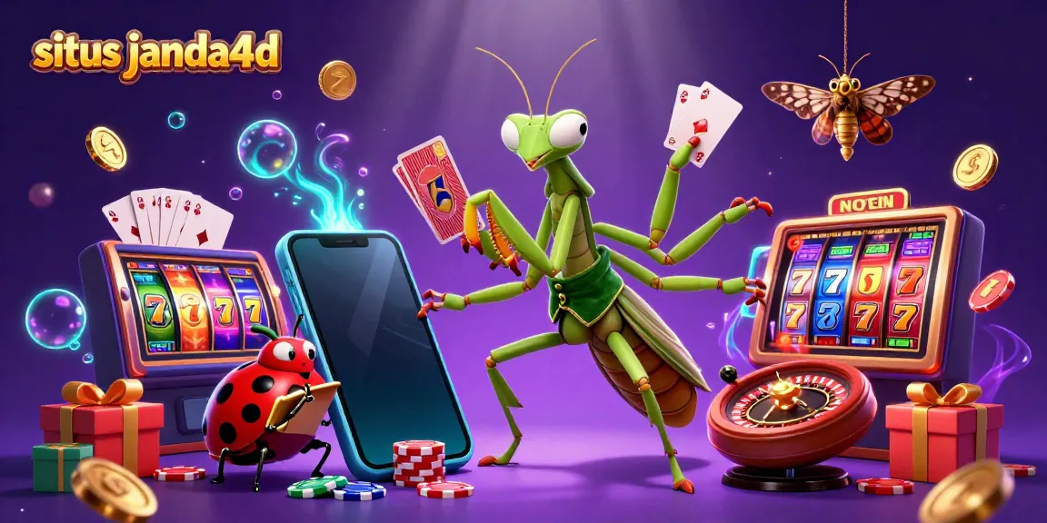 Permainan kasino situs janda4d dengan mantis dan ladybug, slot, dan koin emas terguncang.