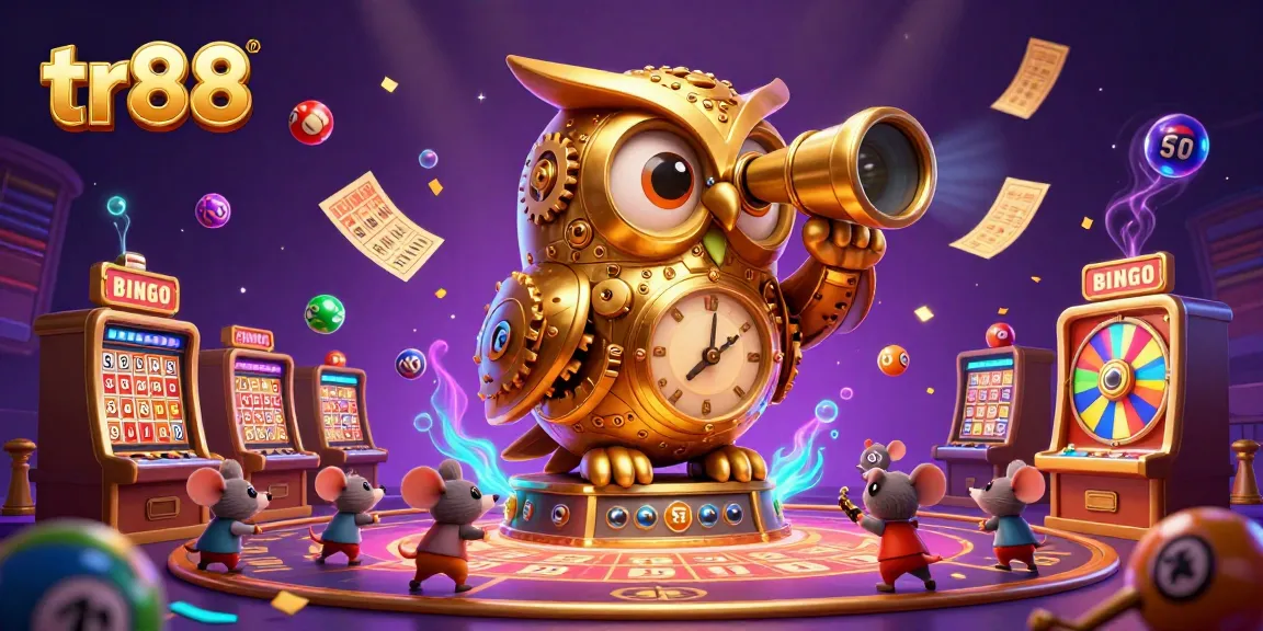 Engage with the vibrant casino scene featuring tr88, where a golden owl oversees dynamic slot machines and lively lottery elements.