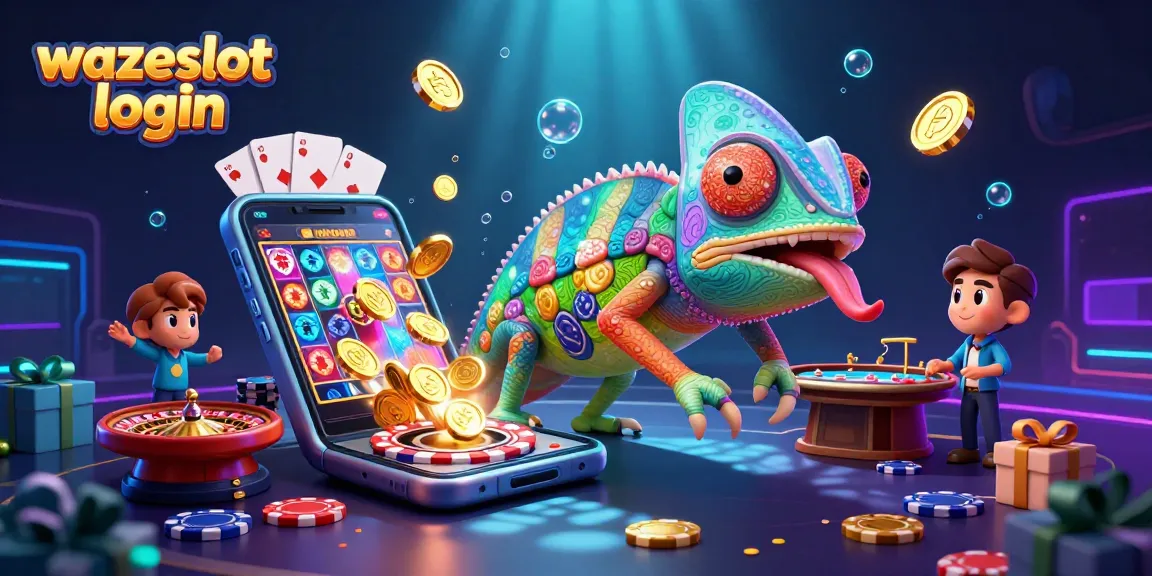 Engage with the action on Wazeslot login, a vibrant scene featuring a chameleon casino owner, slot games, and golden coins.