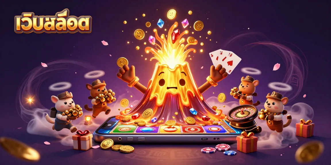 Experience เว็บสล็อต excitement with a vibrant 3D cartoon scene filled with treasures, mobile slot games, and casino elements.
