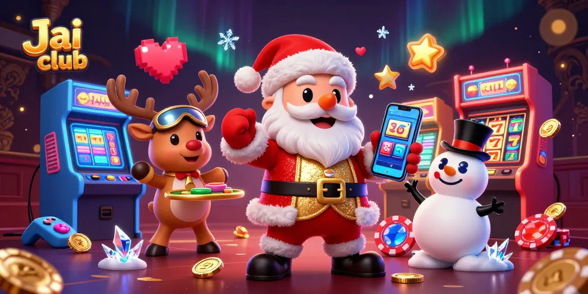Spin slots with Jai club characters including Santa and a snowman in a vibrant casino scene.