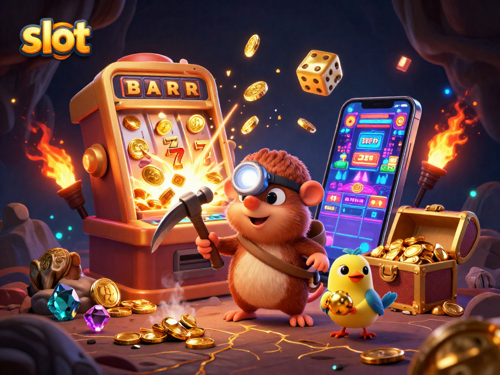 Experience thrilling slot gameplay with our treasure hunter mole and colorful casino elements in a vibrant atmosphere.