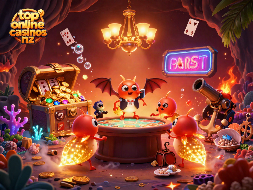 Experience the top online casinos nz ambiance with glowworms lighting a vibrant casino scene.