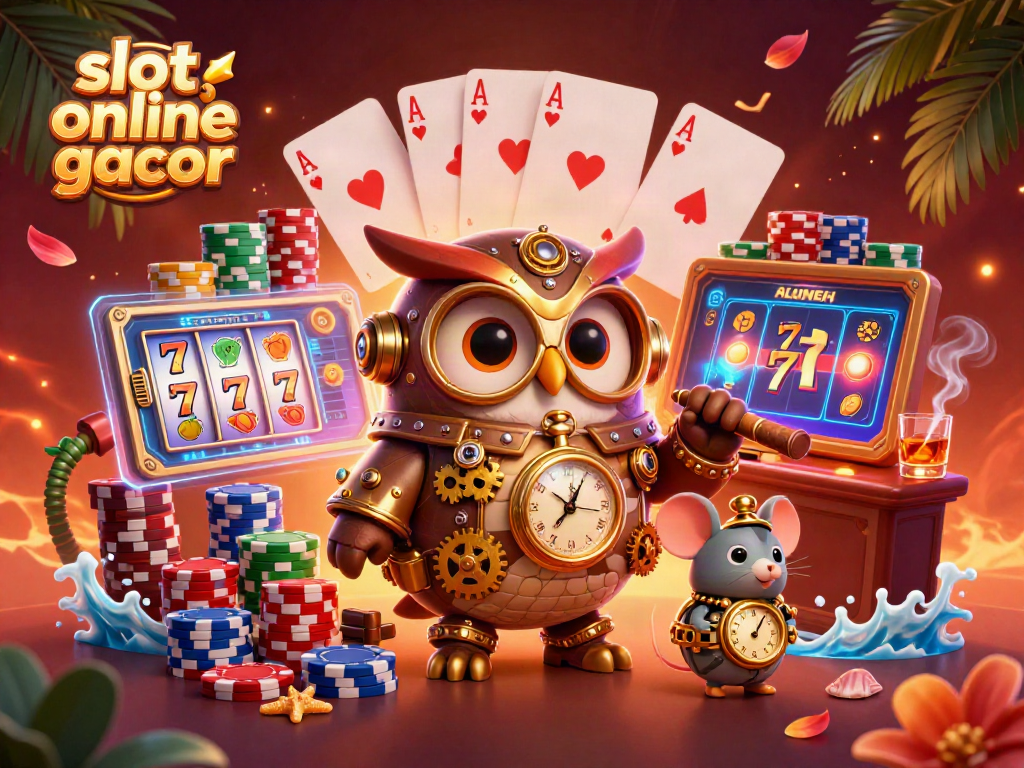Engage with our slot online gacor themed casino illustration featuring vibrant slot machines and exciting characters.
