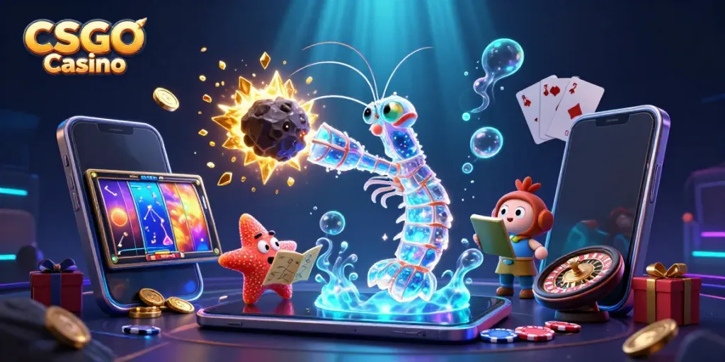 Experience the excitement of CSGO Casino with vibrant characters, slots, and glowing treasures.