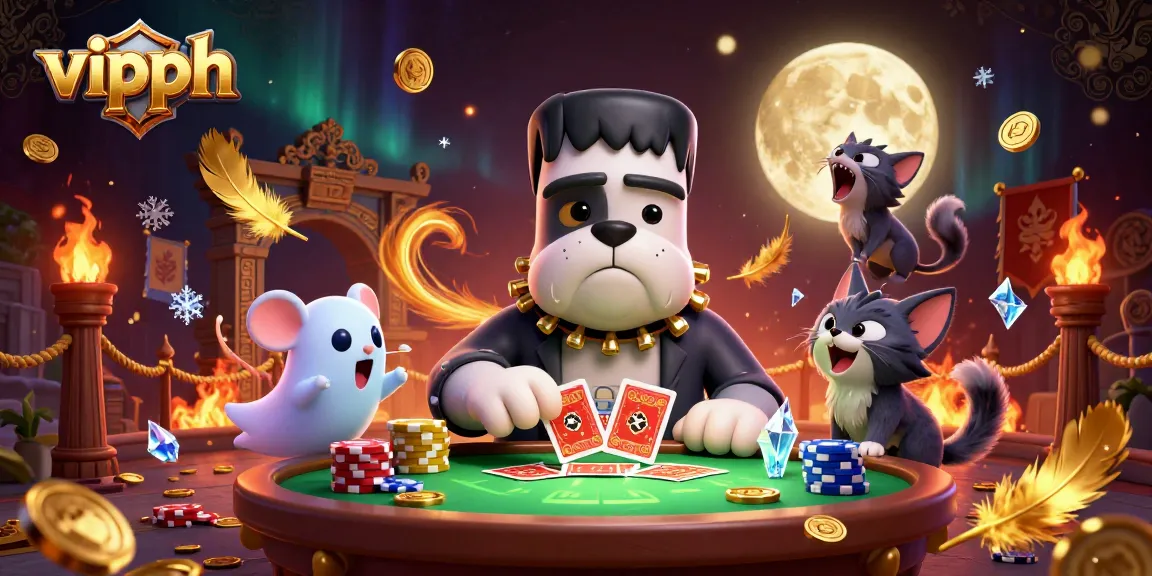 Experience vipph gaming excitement with unique characters dealing cards in a haunted casino ambience.