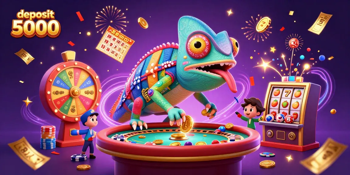 Spin to win with deposit 5000 at Slot Gacor featuring vibrant casino elements and a dynamic chameleon.