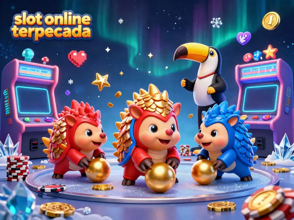 Slot online terpercaya menampilkan pangolin bersaing di kasino, dikelilingi mesin permainan 3D penuh warna dan koin emas.