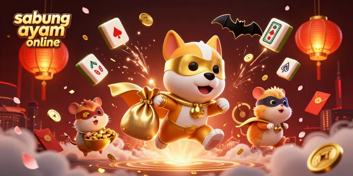 Experience the thrill of sabung ayam online with our dynamic illustration showcasing a superhero dog and hamster amidst a festive casino scene.
