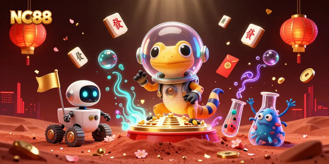 Engage with NC88 as a Martian gecko discovers a golden casino, surrounded by dynamic gaming elements.