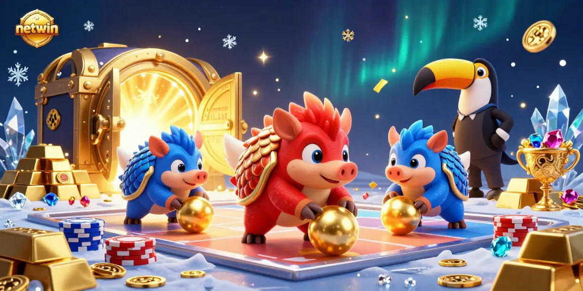 Netwin's thrilling gaming scene with cartoon pangolins bowling through poker chips amidst shining gold and jewels.