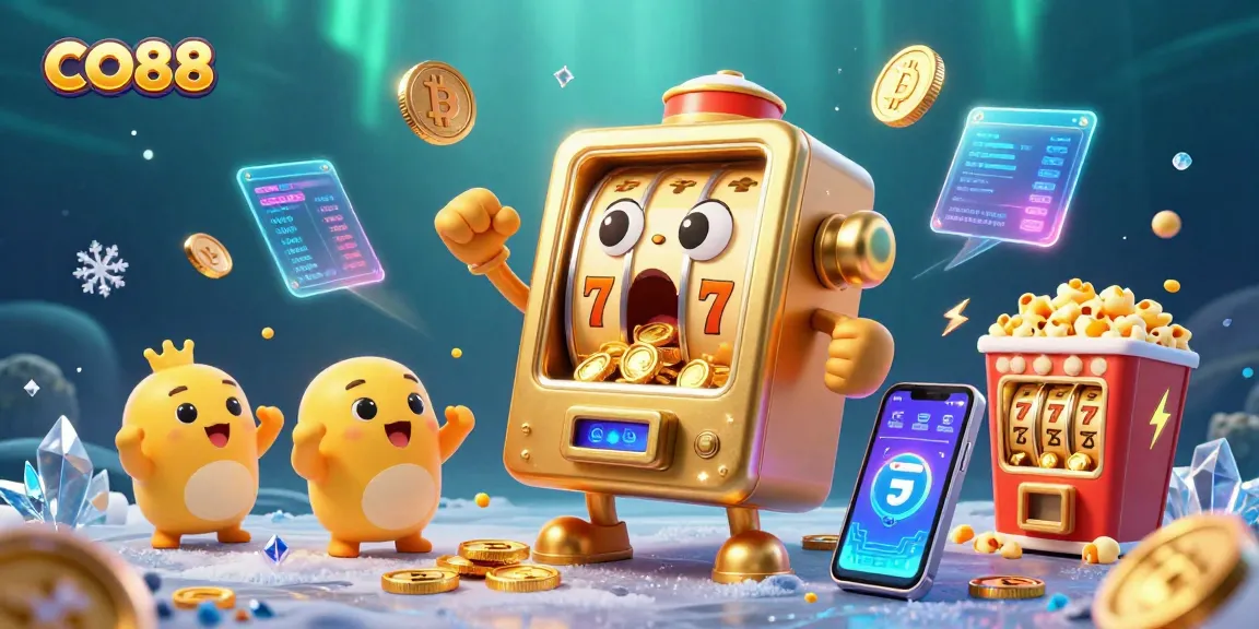 Celebrate CO88 big wins with a vibrant, joyful scene of winning slot machines and crypto coins cascading.