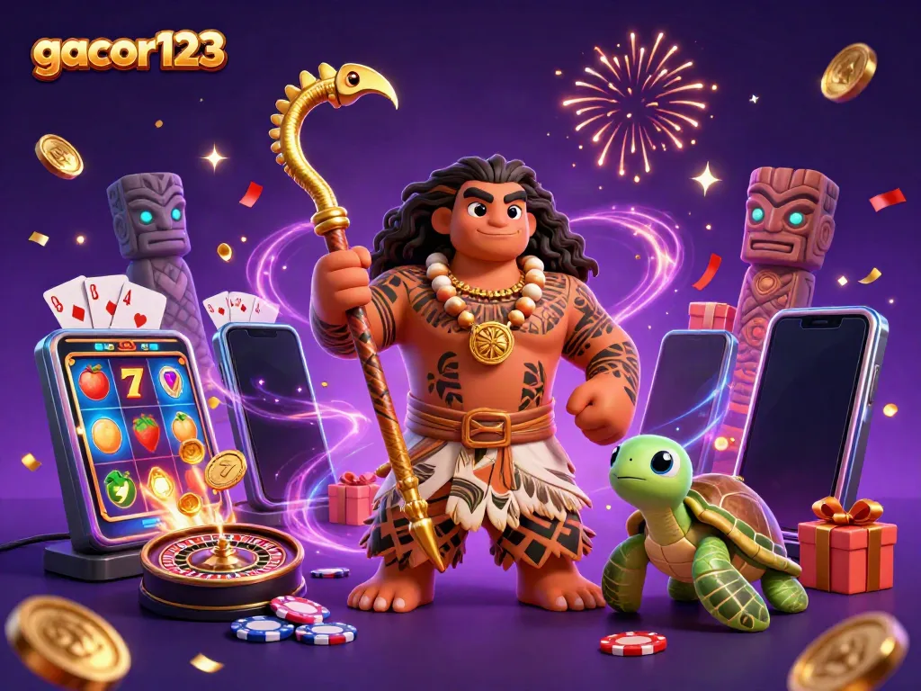 Experience high-energy gameplay with gacor123’s dynamic casino scene featuring animated symbols and characters.