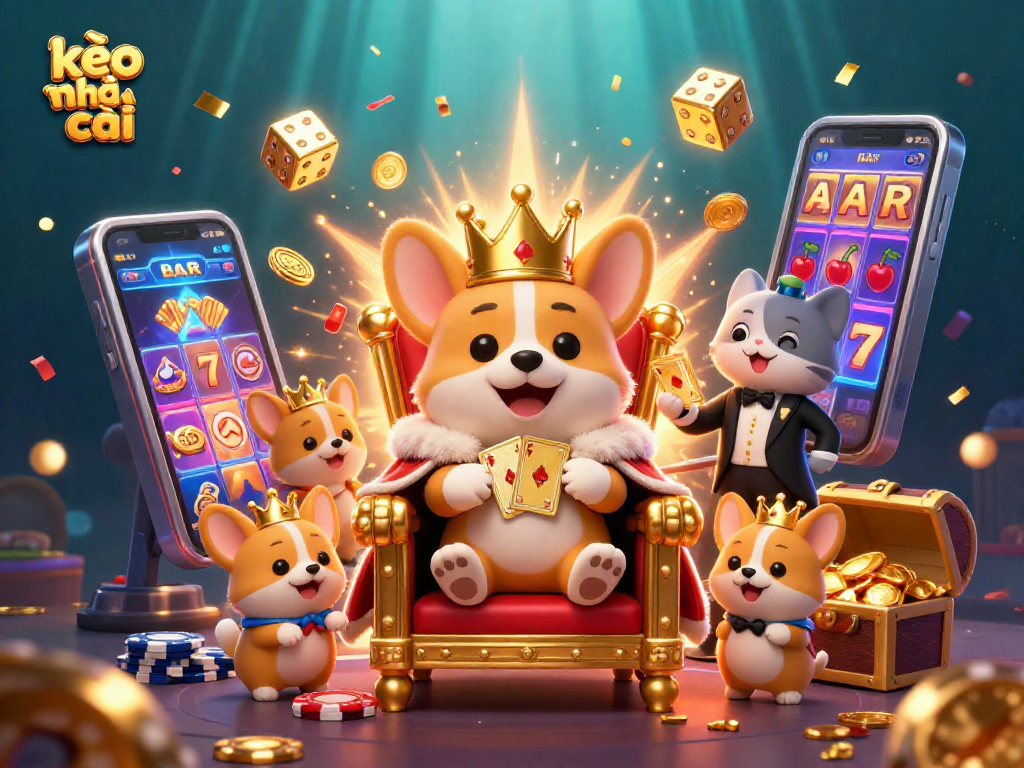 Engage with kèo nhà cái in vibrant casino scenario featuring royal corgi and slot machine.