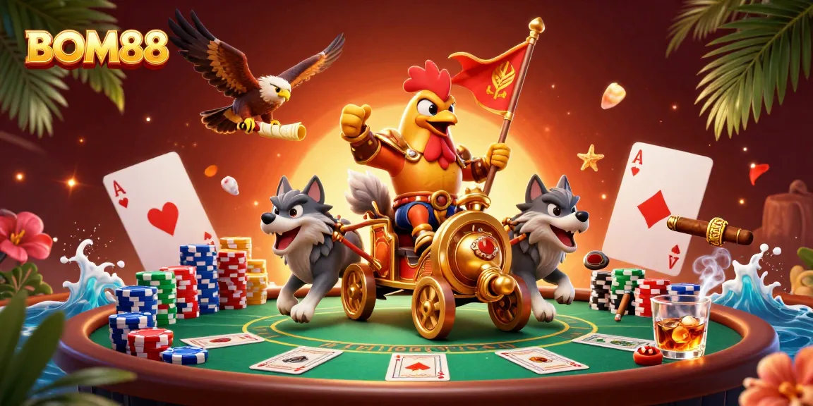 BOM88 brings excitement with a rooster warlord and poker elements in this vibrant casino scene.