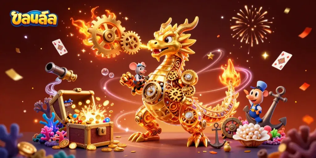 Experience the thrill of บอลสด with dynamic 3D dragon illustration amidst gold and gems.