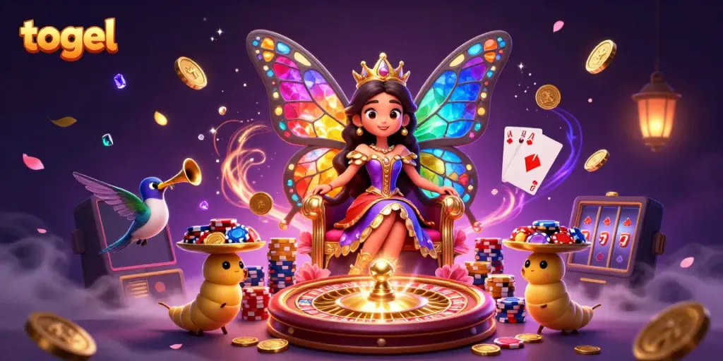 The 3D illustration of togel shows a butterfly queen surrounded by golden coins, roulette, and vibrant casino elements.