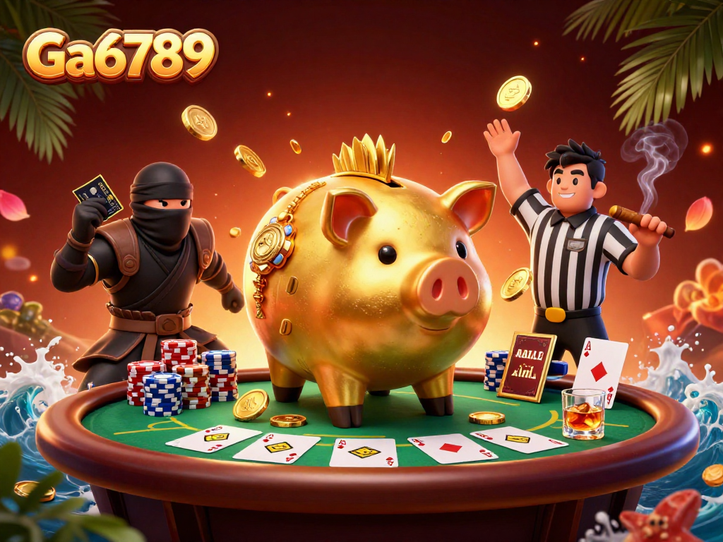 Experience Ga6789 in a lively casino scene with vibrant characters and dynamic poker elements