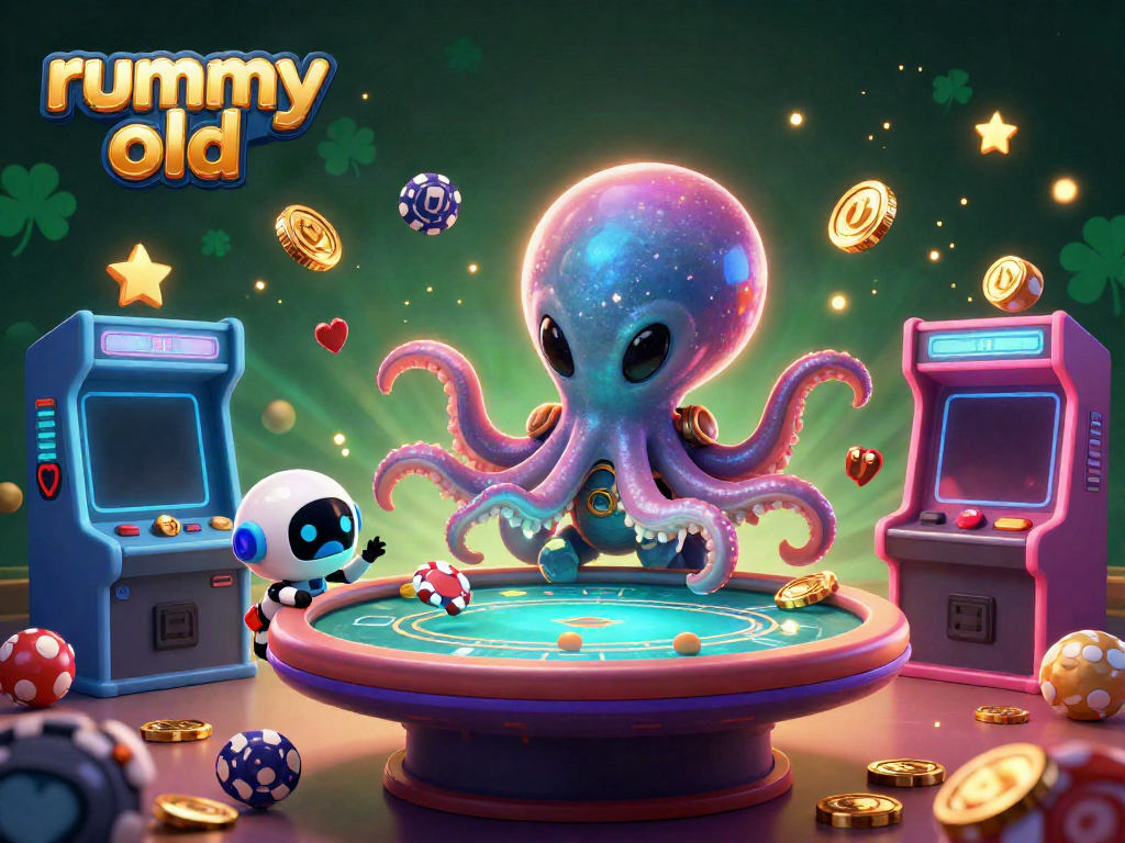 Permainan rummy old dalam ilustrasi 3D, menampilkan karakter alien dan robot dengan elemen kasino.