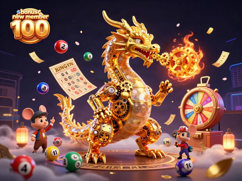Experience thrilling action with the bonus new member 100 slot, featuring dynamic colorful elements and a striking dragon.