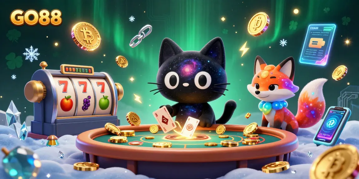 Experience GO88's cosmic casino action with a black hole cat and colorful gas nebula fox winning big!