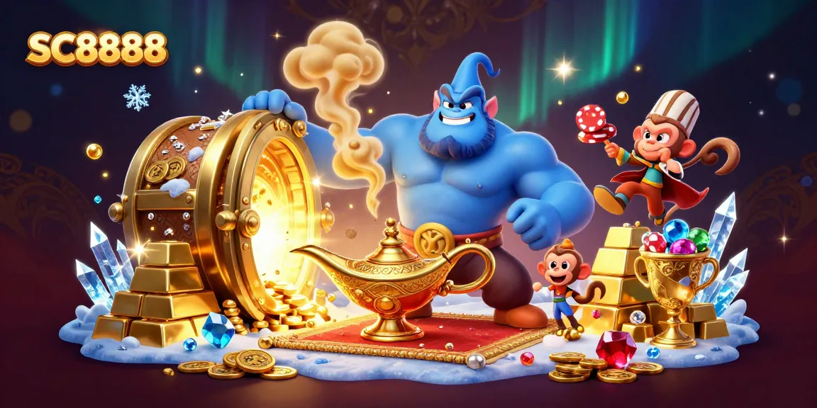 Experience thrilling moments with SC8888 at a magical casino adventure, featuring a genie and treasures.