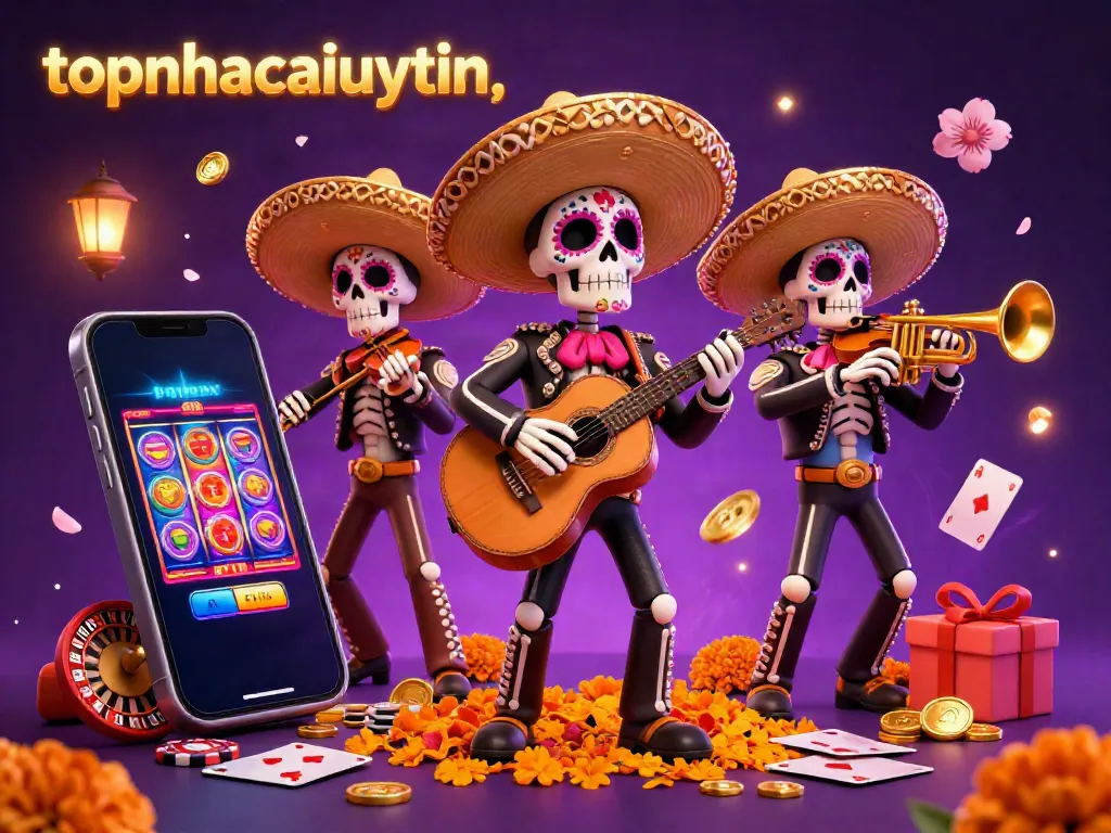 Engage with topnhacaiuytin's colorful casino atmosphere featuring a mariachi band surrounded by exciting game elements.