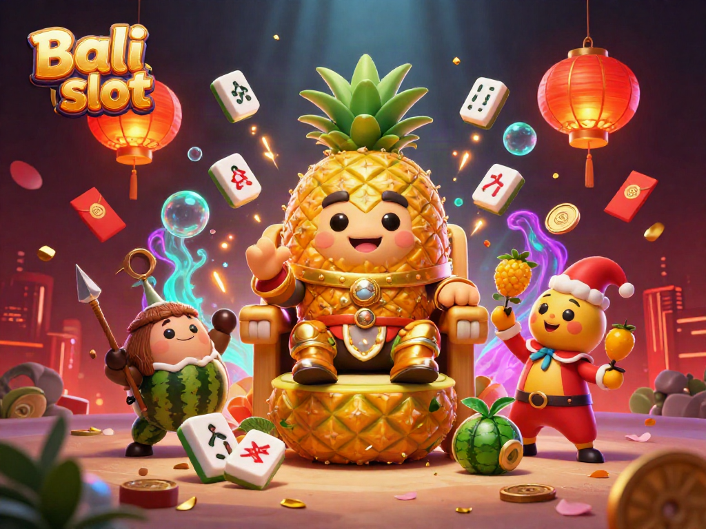 Bali slot animated scene featuring a golden pineapple king and tropical elements celebrating winnings.