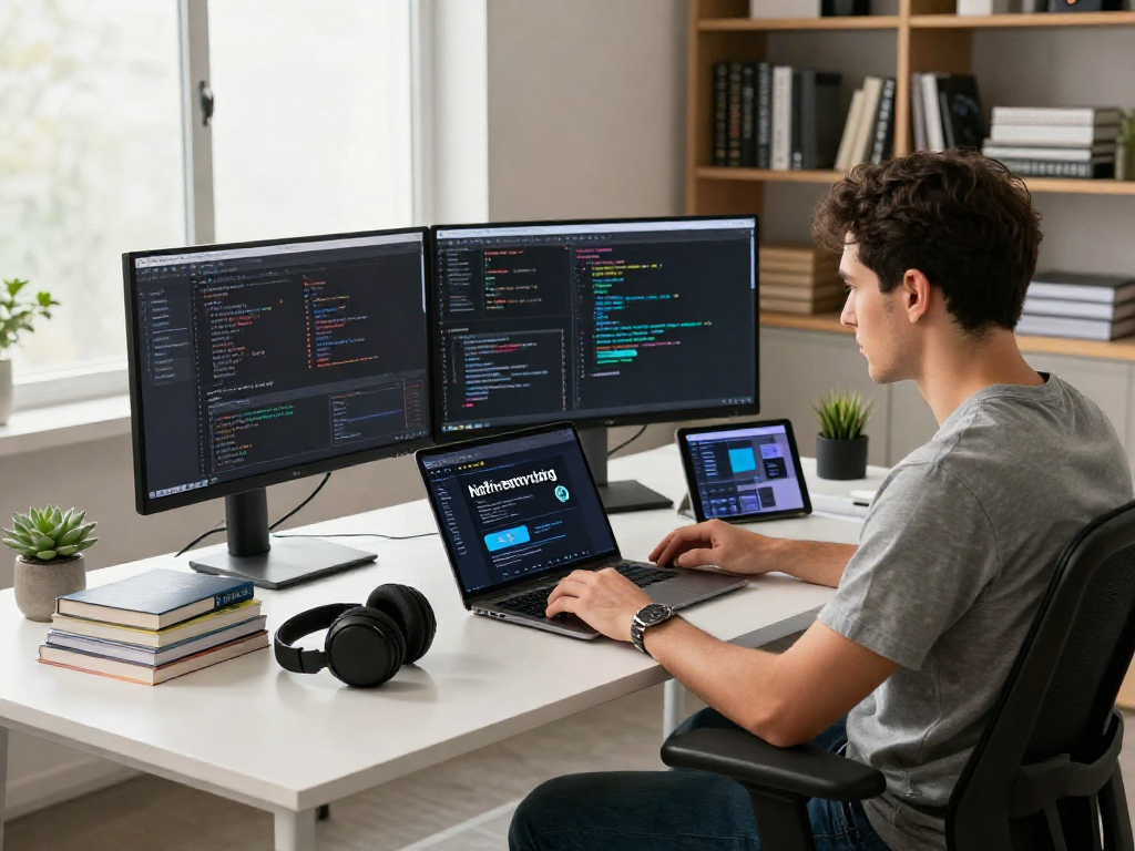 Workspace teknologi dengan pengguna wifi4d menunjukkan monitor, laptop, dan buku teknik.