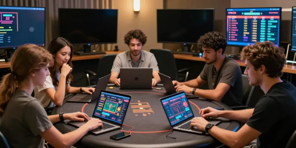 Community engaging with unsurtoto online betting platforms around a sleek table