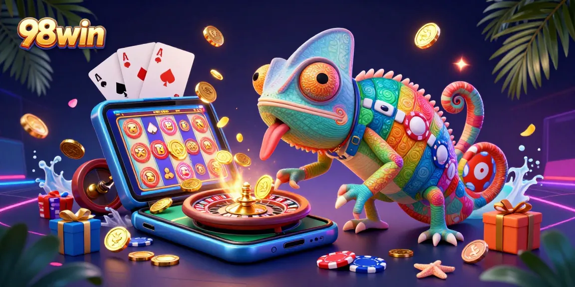 Experience engaging gameplay with 98win’s vibrant casino illustration, showcasing dynamic elements and inviting atmosphere.