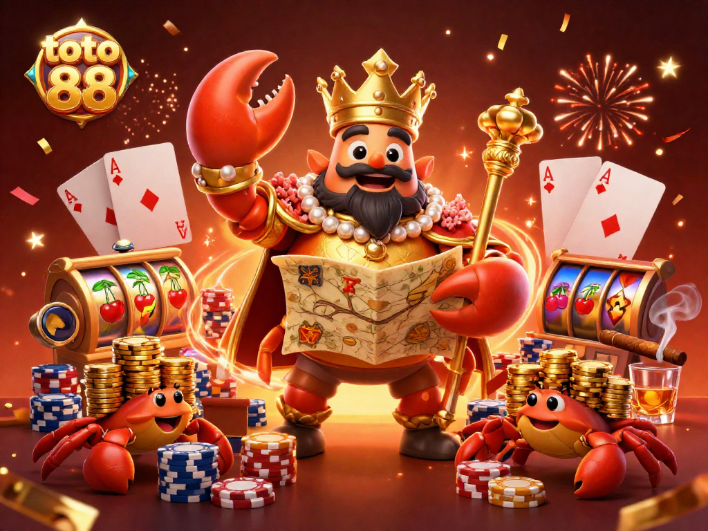 Experience the excitement of toto 88 with a golden crab emperor amidst vibrant slot reels and festive atmosphere.